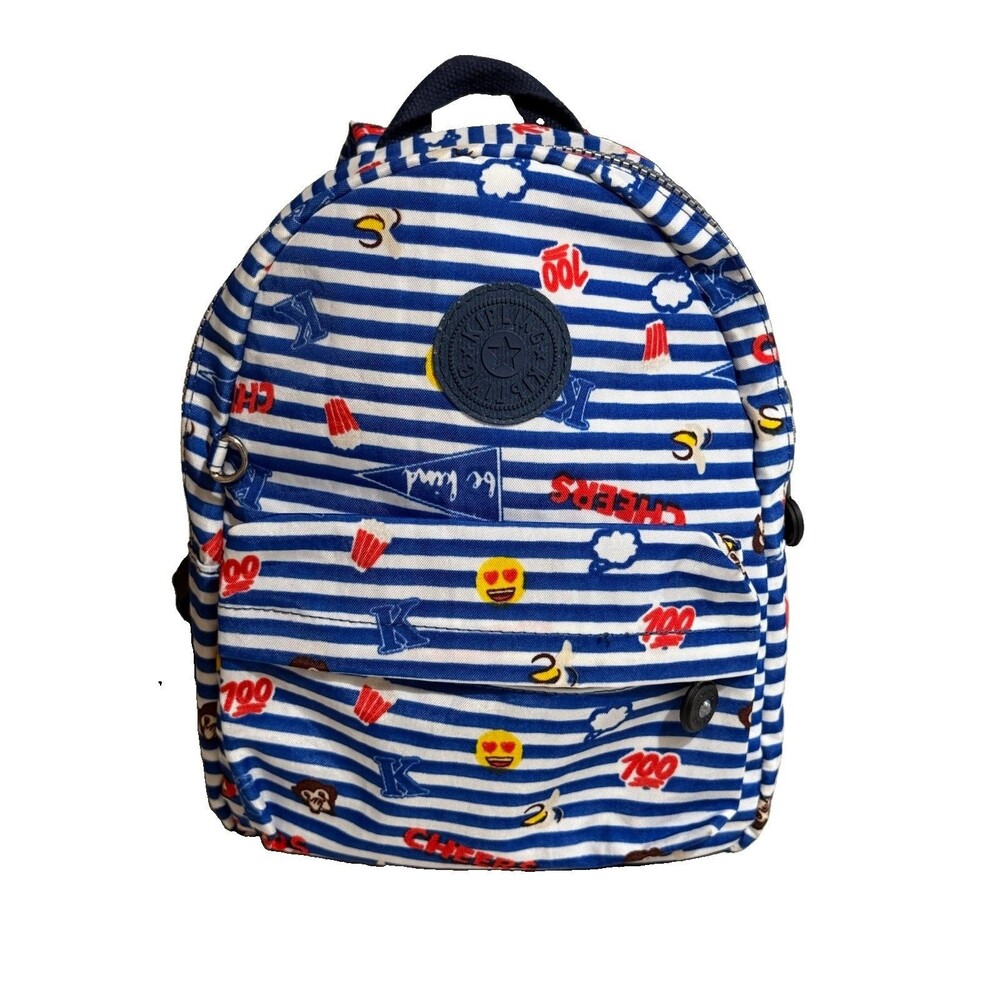 Kipling Small Travel Backpack Blue Striped Emoji htf